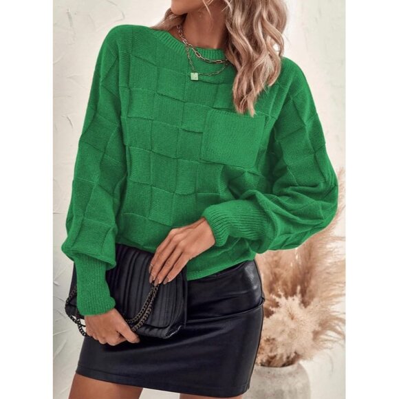 Women's Casual Crewneck Long Sleeve Lightweight Checkered Knit Pullover Sweater - Picture 4 of 5